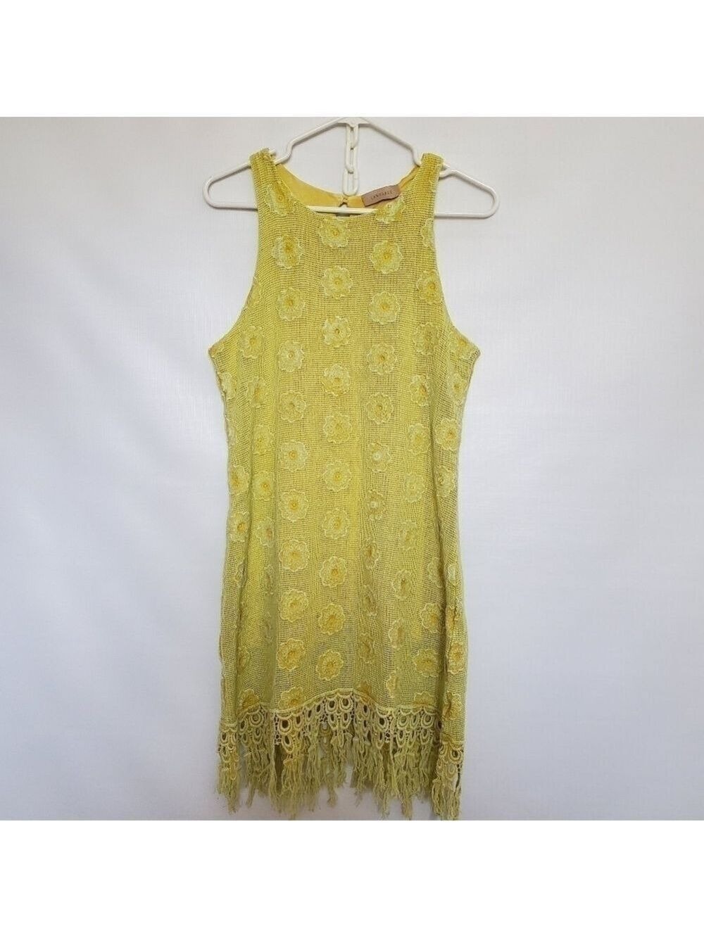 LANGUAGE DRESS SLEEVELESS FRINGE MUSTARD YELLOW EMBROIDERED FLORAL WOMANS ( XL )